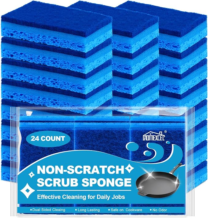 HOMEXCEL Sponges Kitchen 24 Pcs, Non-Scratch Sponge for Cleaning Dishes | Scrub Cleaning Sponge Safe on Non-Stick Cookware, Dual Sided Three-layer Dish Sponge for Sink, Kitchen, Household, Bathroom