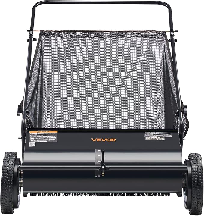 VEVOR Push Lawn Sweeper 26 Inch Leaf & Grass Collector Strong Rubber Wheels | 7 Cu. Ft. Hopper Bag, 4 Spinning Brushes, Adjustable Brush Height, Yard Sweeper for Leaves, Grass Clippings & Pine Needles