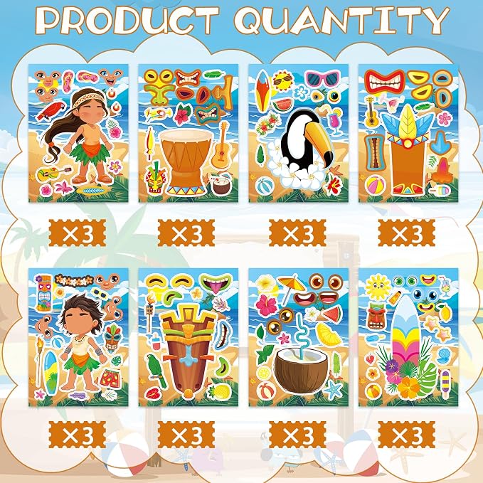 24 Sheets Tiki Make a Face Sticker, Make Your Own Tropical Hawaii Mix and Match Stickers Summer Stickers for Boy Girls Home School Classroom Crafts Activities Summer Party Favors