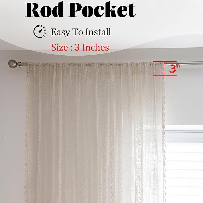 Sutuo Home Boho Curtain Crochet Lace Semi-Sheer Florals Hollow Knitted Handmade Tassels, Rod Pocket Window Treatment Vintage Rustic Farmhouse Drapes for Living Bedroom, 1 Panel 59" W x 84" L, Beige