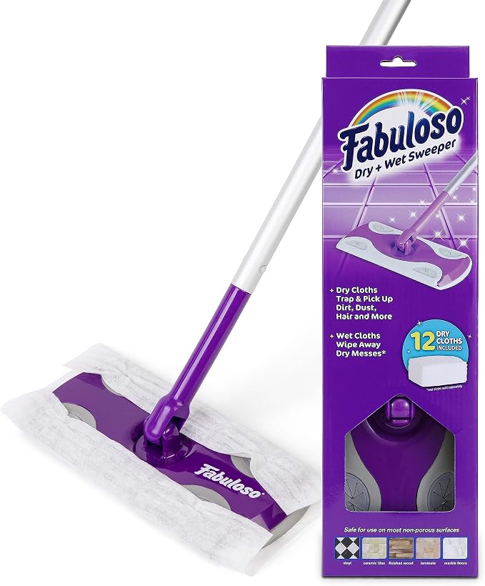 Fabuloso Dry and Wet Sweeper, 2-in-1 Floor Dust Mop for Dry Sweeping and Light Wet Mopping, Lightweight Aluminum Handle, Swivel Low-Profile Head, Bonus 12 Dry Pads Included - 12 Pack