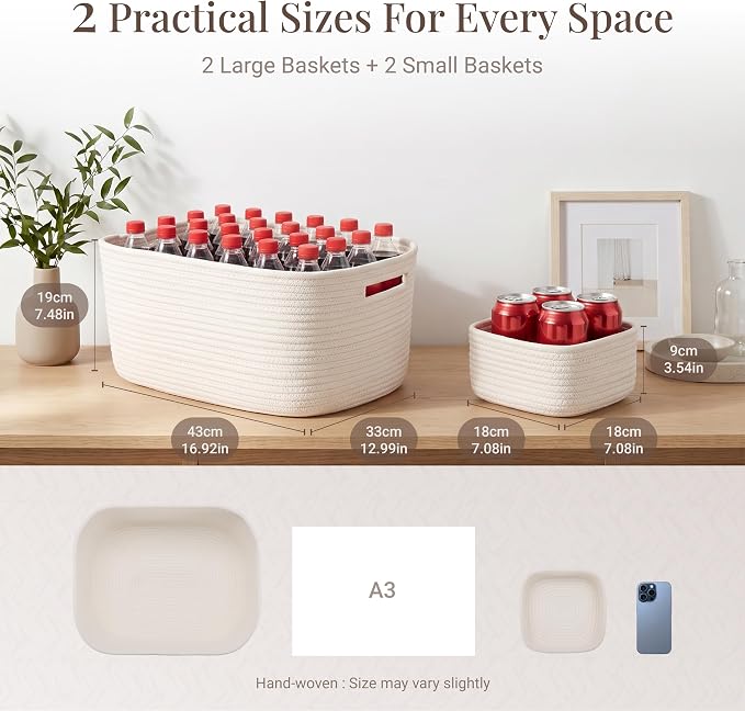 4 Pack Storage Baskets for Shelves, 17"x13"x7.5" & 7"x7"x3.5" | Cotton Rope Woven Baskets for Organizing, 2 Sizes Organizer Bins, Baskets for Shelves, Nursery, Toys, Closets, Laundry & Home