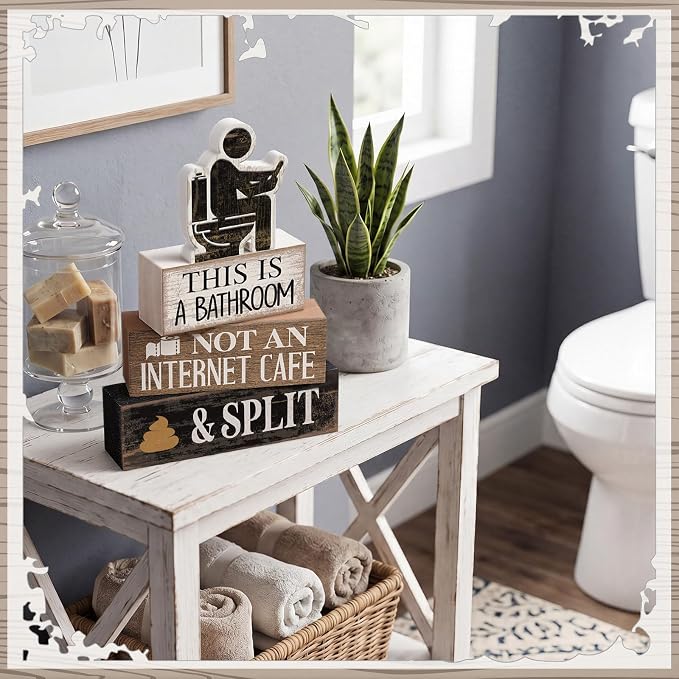 Moucuny 4 Pcs Funny Bathroom Sign, This Is A Bathroom Not An Internet Cafe | Humorous Bathroom Shelf Decor, Farmhouse Rustic Wood, Tiered Tray Accessories, Toilet Humor Conversation Piece