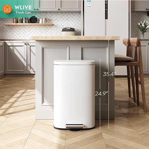 WLIVE 13 Gallon Stainless Steel Trash Can with Inner Bucket, Kitchen Garbage Can with Lid, 50L Soft Close Step Trash Can with Metal Foot for Home, Kitchen, Laundry Room, Office, White