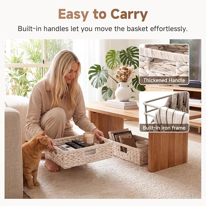 StorageWorks Large Wicker Storage Baskets for Shelves, White Baskets,1-Pack | Water Hyacinth Wicker Baskets for Storage, Pantry Organizers and Storage,Decorative Baskets, Pantry Baskets,15¼" x 11¾" x 4¾"
