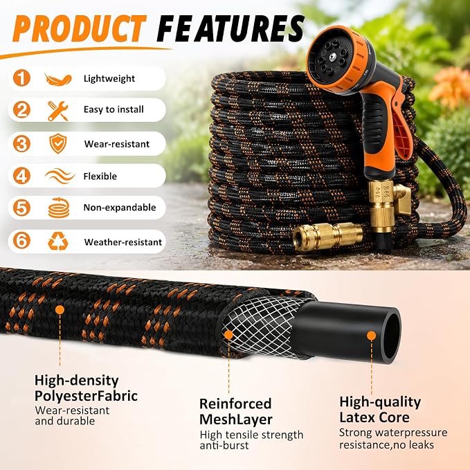 Non-Expandable Garden Hose 50FT, Ultra Lightweight Flexible Water Hose with 10-Function Spray Nozzle, Kink-Free and Leak-Proof Design, Heavy-Duty Outdoor Hose for Yard, Lawn, Car Wash, Pet Bathing