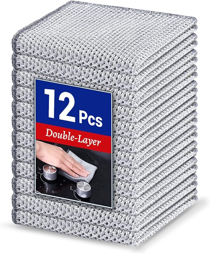 Wangjinpeng 12PK Non-Scratch Steel Wool Dishcloths 9.84X9.84 in | metal scrubber,wet & dry clening,multipurpose cleaning cloths for dishes,great for cookware, sinks, dishes and stove tops