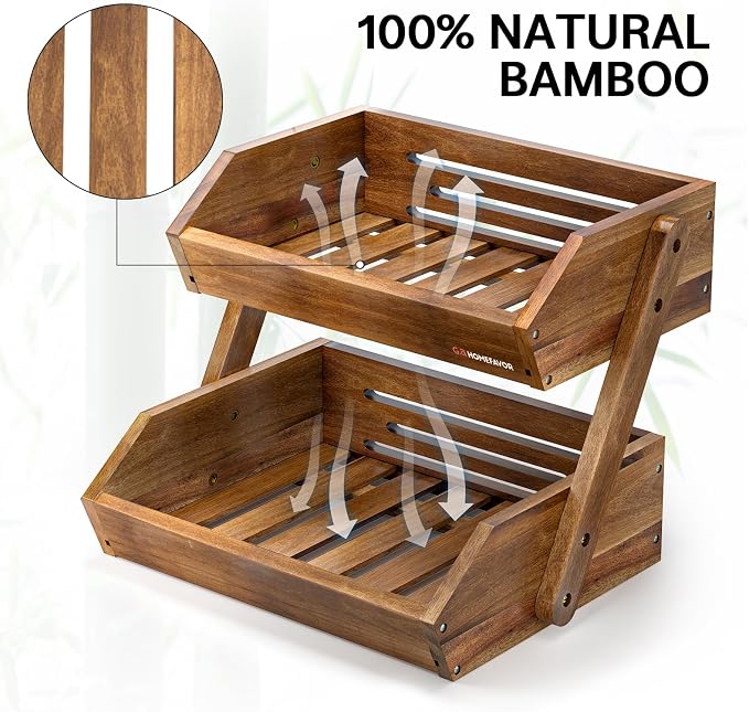 G.a HOMEFAVOR 2-Tier Acacia Wood Fruit Basket for Kitchen, Self-assembly | Large Fruit Bowl for Kitchen Countertop, Fruit Stand Storage Holder for Vegetables and Snack Home Organizer