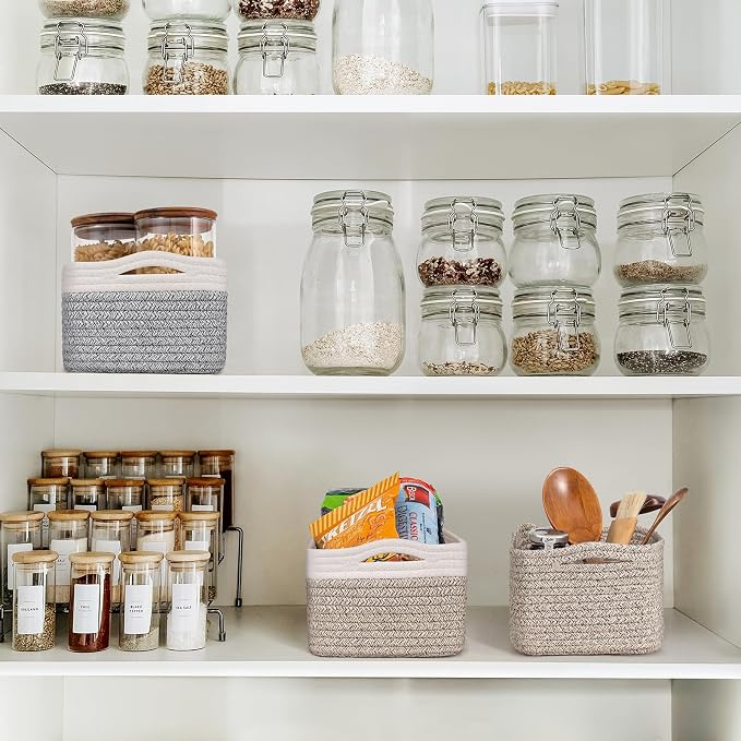 Goodpick 3-Pack Rope Storage Baskets for Gifts,11 x 7 x 4.5 in | Empty Baskets for Shelves, Dog Toy Basket, Closet Baskets for Organizing, Empty Baskets for Gifts, White & Light Brown