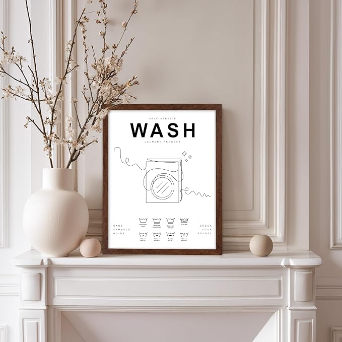 Poster Master 3-Piece Wash Dry Fold Print - Laundry Poster - Line Drawing Art - Black & White Design - Symbols & Guide Art - Minimal Laundry Room Decor - 8x10 Brown Framed