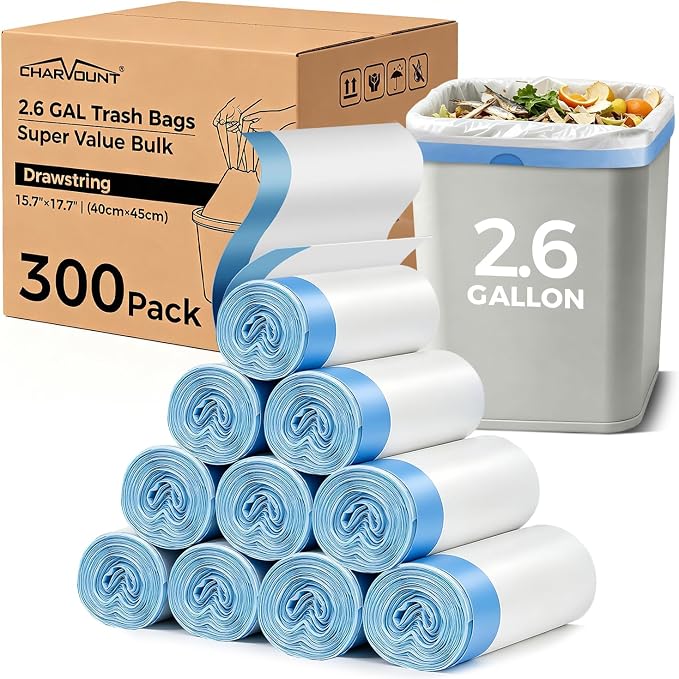 Charmount Trash Bags 2.6 Gallon, 300 Count Drawstring Garbage Bags | Office, Kitchen Trash Can Mini Trash Bags for Wastebasket Bin Liner, Unscented, Bathroom Accessories, Dorm Room Essentials