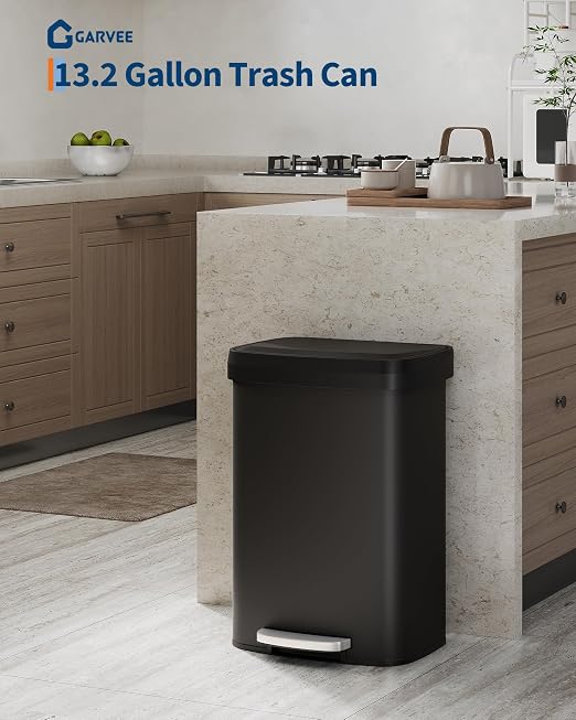 GarveeHome 13 Gal / 50 L Step-on Trash Can, Large Metal Kitchen Garbage Bin with Soft Close Lid, Rustproof Stainless Steel Trash Can, Inner Bucket Rim & Rear Handle, Black