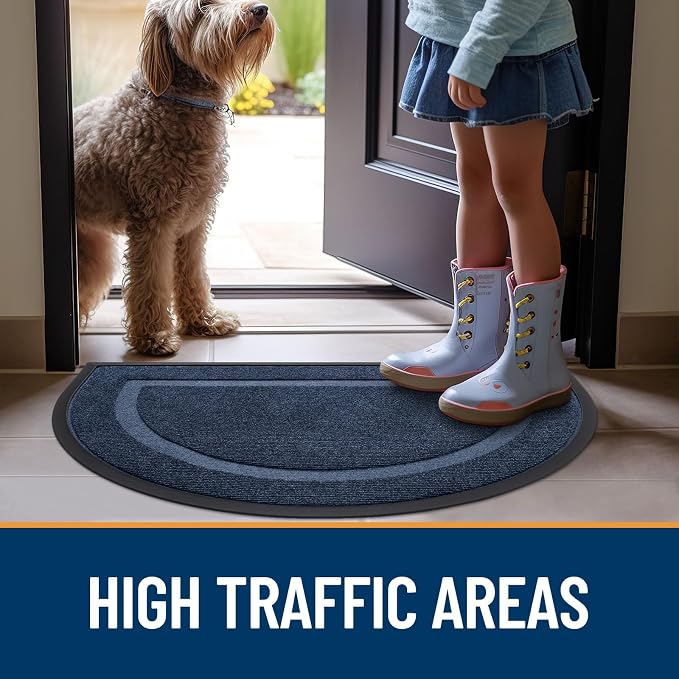 OLANLY Half Circle Front Door Mat Outside 29.5x17 All-Season Rubber Doormat | Blue, Absorbent, Heavy-Duty, Stain and Fade Resistant, Waterproof Non-Slip Backing, Low-Profile Indoor Outdoor Entryway Mat