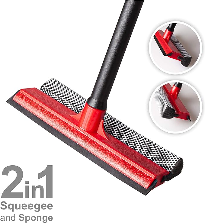 Window Squeegee for Car Windows, 2-in-1 Window Cleaner for Car Windshield, Gas Station, Shower, and Glass | Auto Squeegee with 17.5" Handle, 8" Soft Rubber Blade & Highly Absorbent Sponge