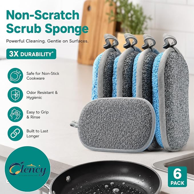 Clency Non-Scratch Kitchen Sponges, 6 Pack Dual-Sided Dish Sponges for Washing Dishes, Safe for Nonstick Cookware, Reusable Scrubber Cleaning Set with 2 Silicone Cleaning Gloves