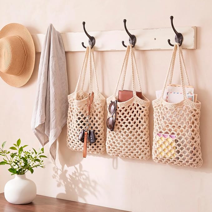 3 Hanging Baskets,White,Mesh,Cotton Rope | Wicker Wall Baskets with Hooks for Fruit Vegetable Onion Storage, Teardrop Organizer for Kitchen, Boho Farmhouse Decor