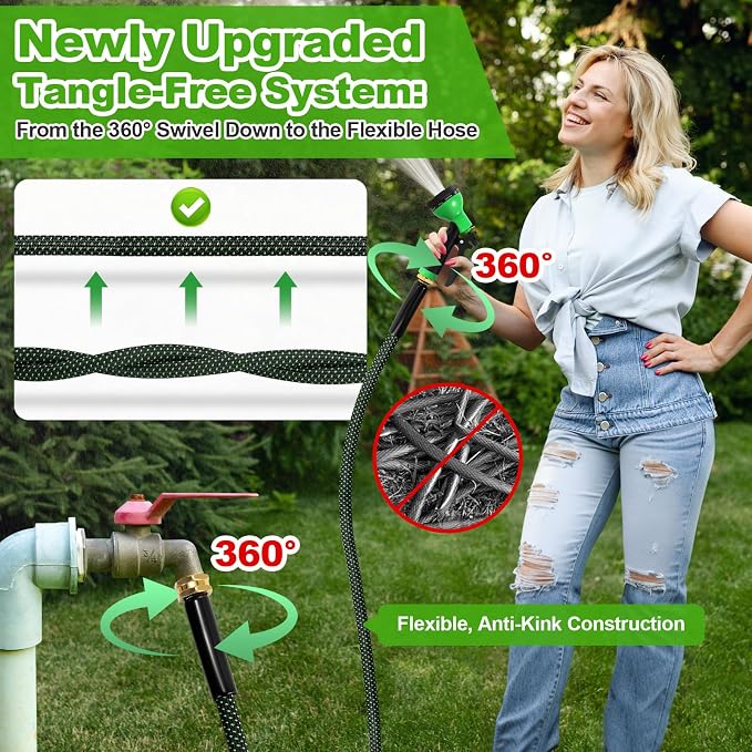 Garden Hose 100ft, Non-Expanding Flexible Hose, Lightweight | Kink Free, Sturdy, Leak-Proof, Portable, Water Hose with 10 Function Nozzle for Outdoor, Yard, Lawn, Car Wash and Camper Use