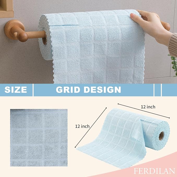 Ferdilan 80 Pack Microfiber Cleaning Cloth Roll,Lint Free Rags Paper Towels & Tear Away Reusable Towels,Washable Shop Rags,Wash Cloths Dish Rags(12" x 12") for Car Kitchen Window Garage-Light Blue