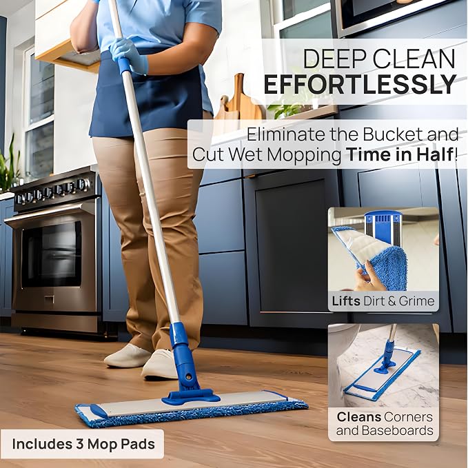 Microfiber Wholesale 24" Professional Microfiber Flat Mop – Wet, Dry & Dust for Hardwood, Vinyl Plank, Laminate & Tile – Commercial Flat Mop System, 64" Stainless Handle, 3 Reusable Pads