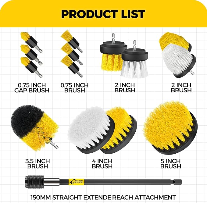 Holikme 15pcs Drill Brush Set, Power Scrubber Kit for Grout, Tile, Bathroom | 14 Nylon Brush Heads In Multiple Sizes, 1 Extended Reach Rod, for Tile, Tubs, Showers, Floors, Gaps and Kitchen Cleaning