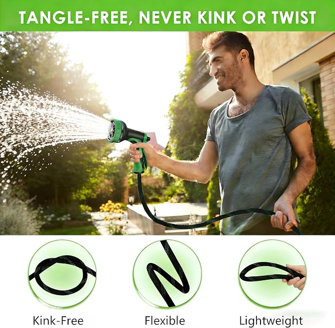 50ft Non-Expanding Garden Hose, 3/4" GHT Kink-Free Water Hose with 10 Function Nozzle, Flexible Outdoor Hose for Yard, Garden, Car Washing