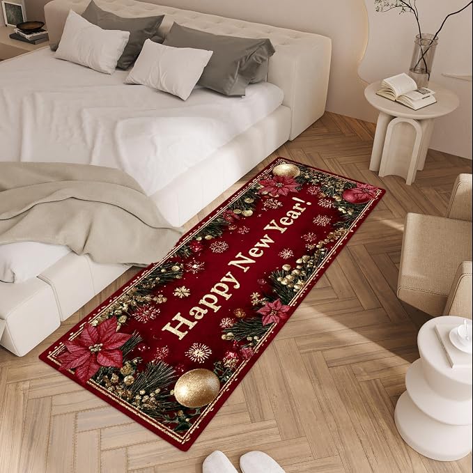 ANNA QUEEN Happy New Year Laundry Room Rug Runner 20x47 Inch -Waterproof Non-Slip Red Poinsettia Floor Mat for Front Load Washer Dryer,Washable Kitchen Decor, Machine Washable