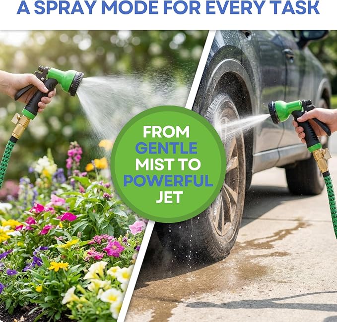 J&B XpandaHose 50ft Expandable Garden Hose, Lightweight, Brass Connectors | Ultra Strong 3750D fabric, 4-layer latex core, expands 3X, kink & leak-resistant, 10-pattern nozzle, storage bag