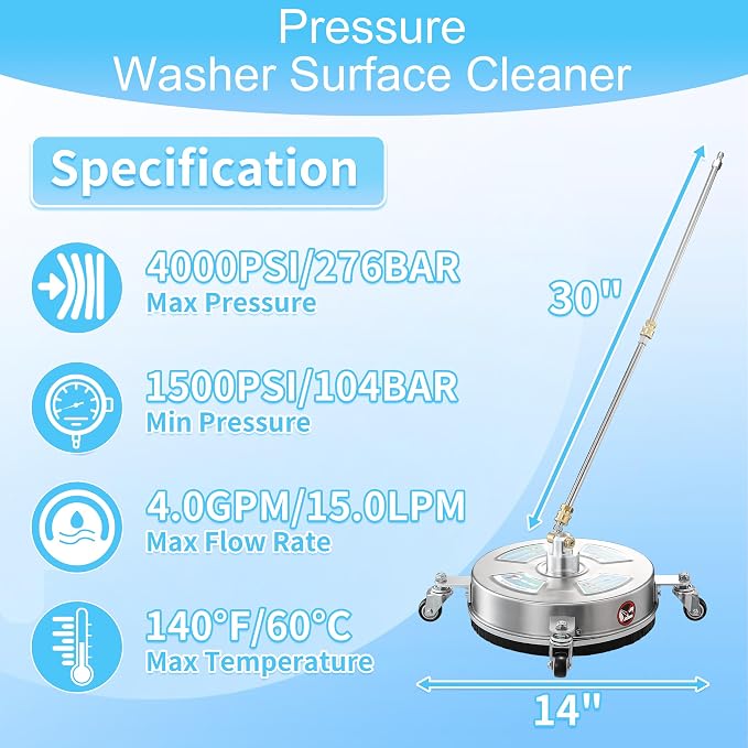 Tool Daily 14” Pressure Washer Surface Cleaner with 4 Wheels, 4000 PSI | Stainless Steel Driveway Power Washer Attachment for Concrete, Patio, Sidewalk, Deck, 2 Extension Wand, 1/4" Quick Connector