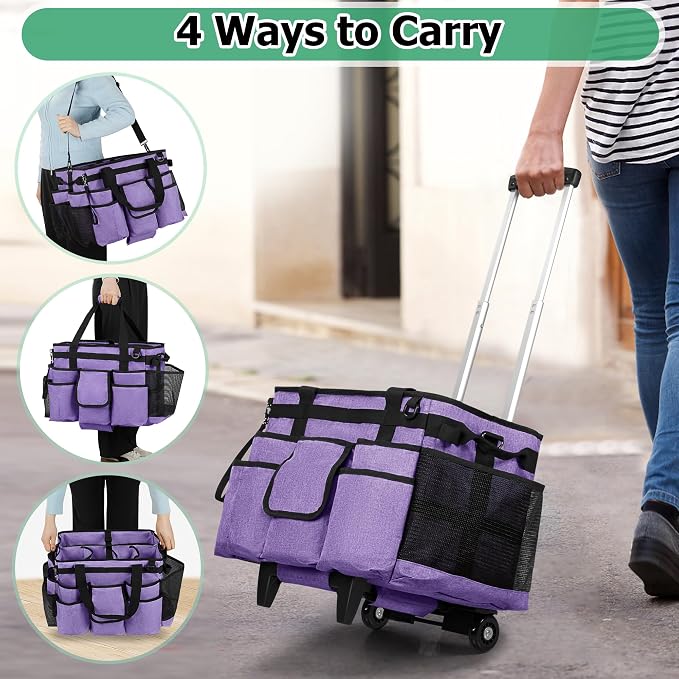LoDrid Professional Rolling Cleaning Bag with Detachable Trolley, Purple | Portable Cleaning Cart with Shoulder Strap for Housekeepers, Patent Design