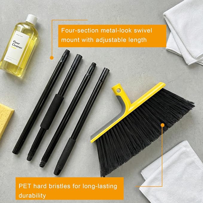 Large Angle Brooms Indoor Outdoor Broom with Long Handle Stiff Bristle Sweeper for Kitchen Garage Deck Courtyard Lobby Patio Lawn Leaves (Yellow)
