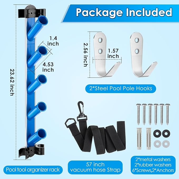 Swimming Pool Accessories Holder, Pool Cleaning Accessory Organizer Holder | Pool Cleaning Accessory, Pool Tool Organizer Storage Rack for Poles, Skimmers, Leaf Rakes, Nets, Brushes, Vacuum Hose