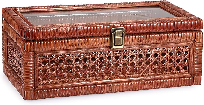 Hipiwe Rattan Storage Box with Lid Vintage Wood and Cane Display Box, Brown | Decorative Shelf Basket for Home Decor, Rectangular Basket Organizer Bin for Bathroom, Kitchen Countertop