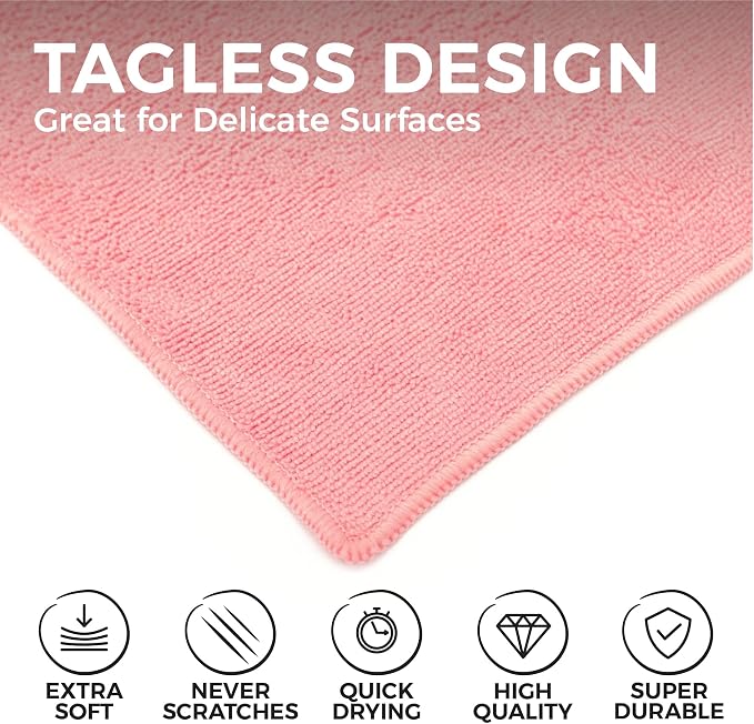 The Rag Company - All-Purpose Microfiber Terry Cleaning Towels - Commercial Grade, Highly Absorbent, Lint-Free, Streak-Free, Kitchens, Bathrooms, Offices, 300gsm, 16in x 16in, Pink (12-Pack)