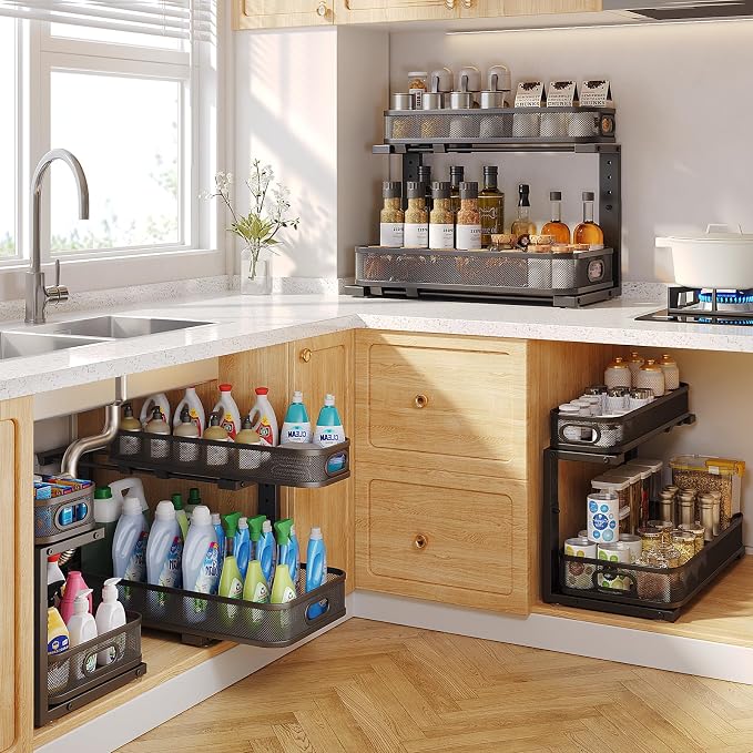 2 Pack 19.3IN-Depth Under Sink Organizer with Smooth Cylindrical Rail,2-Tier Pull Out Multi-Purpose Cabinet Storage for Bathroom&Kitchen,Height Adjustable,Rust-Resistant Coating-Black