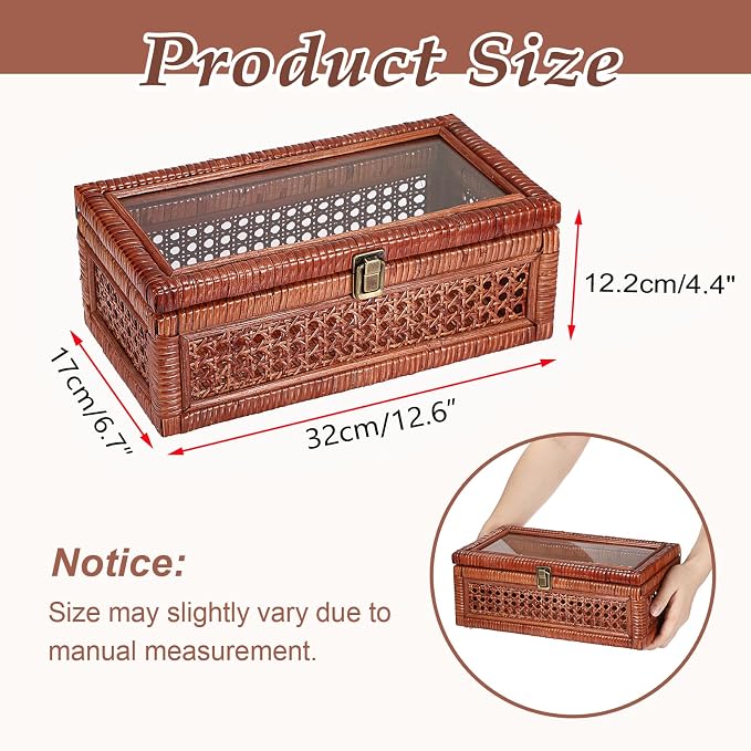 Hipiwe Rattan Storage Box with Lid Vintage Wood and Cane Display Box, Brown | Decorative Shelf Basket for Home Decor, Rectangular Basket Organizer Bin for Bathroom, Kitchen Countertop