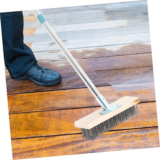 PRETYZOOM Stainless Steel Deck Scrub Brush with Handle Heavy Duty for Concrete Floors Patios and Garages Versatile Outdoor Cleaning Tool