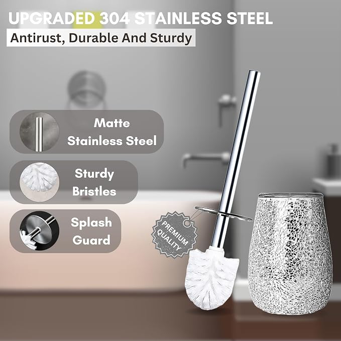 Decorative Toilet Brush and Holder Set | Handcrafted Silver Mosaic Glass Holder | Rust-Proof 304 Stainless Steel Toilet Bowl Brush | Luxury Silver Bathroom Decor
