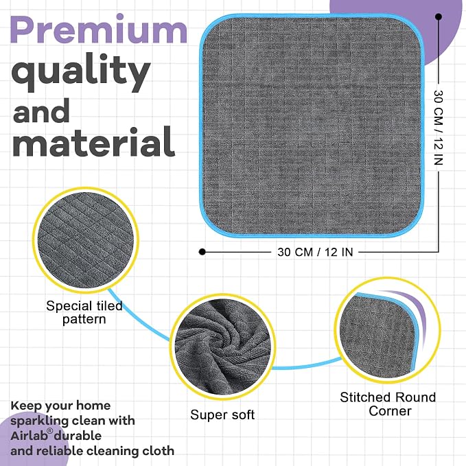 Airlab Glass Polishing Streak Free Miracle Cleaning Cloth, Grey-Yellow Blue | Lint Free Microfiber Cleaning Rags for Glasses Kitchen Dish Mirrors Easy Clean, 12 x 12 Inches, Pack of 6