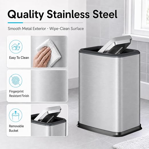2.1 Gal Slim Bathroom Trash Can with Swing Lid, Rustproof Stainless Steel Small Garbage Can for Narrow Spaces & Toilet Side, Dog Proof Odor Control Waste Basket for Bedroom/Office, Silver