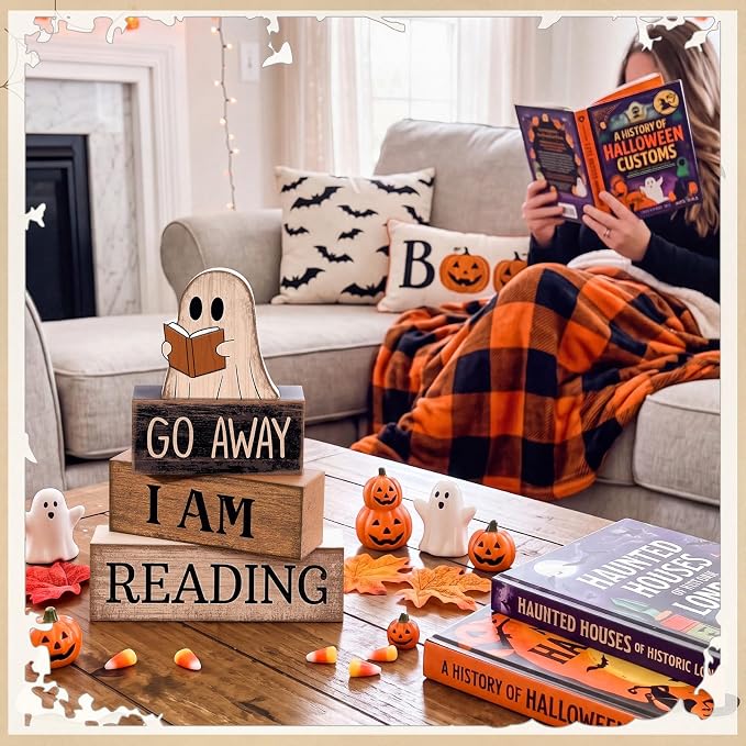 Moucuny 4 Pcs Halloween Table Decor Wooden Ghost Reading Stacked Block Sign | Rustic Farmhouse Centerpiece, Stacked Wood Signs With Ghost Reading Book, Tiered Trays And Shelves For Home Office Library