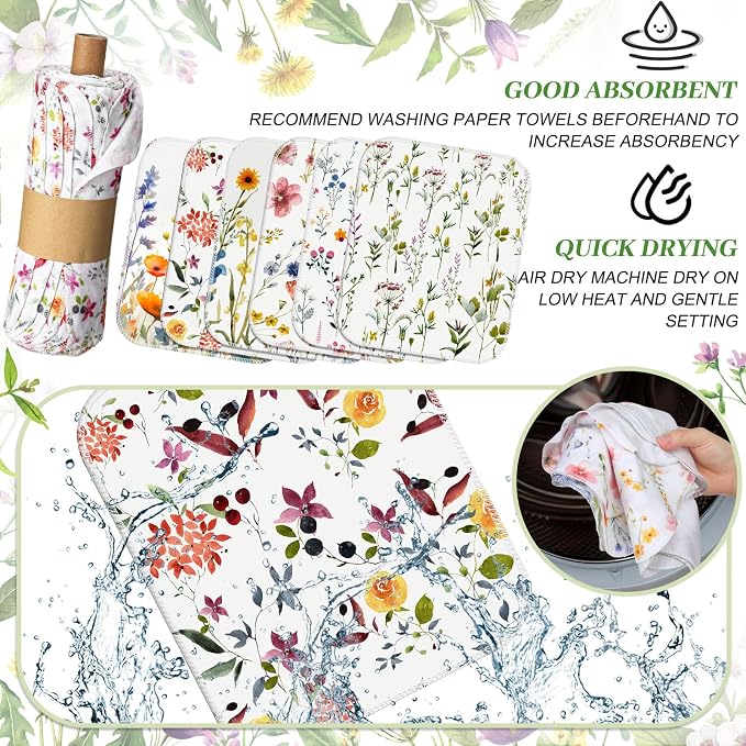 Reusable Kitchen Cloths Cotton Towel, 90 Pack, Wildflowers | Washable 9.84x11.81in, Paperless Towel Rolls Bulk, Cleaning Cloth Napkins for Dishes