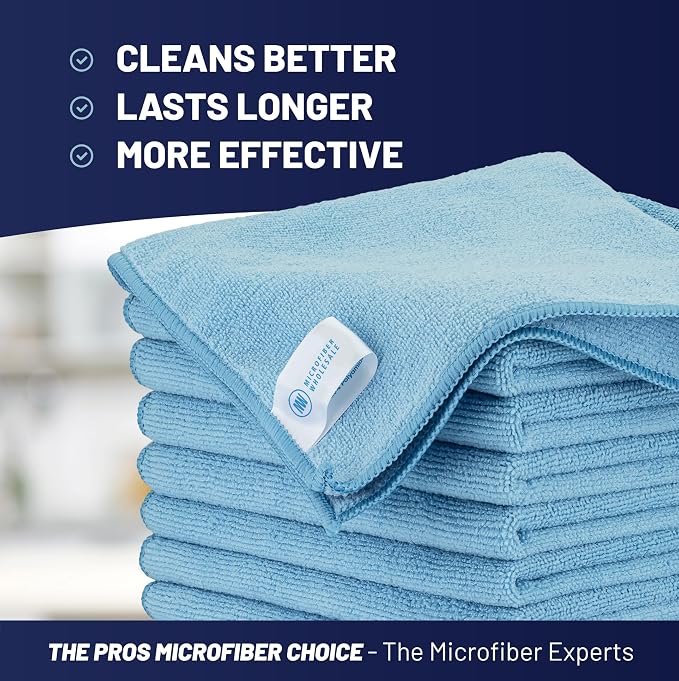MW PRO Microfiber Cleaning Cloths Blue (12 Pack, 12x12) - Commercial Janitorial Towels & Lint Free Rags - Heavy Duty for Auto Detailing, Glass Windows, Housekeeping & Screens - Washable 300+ Times