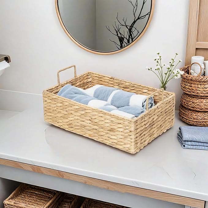 Water Hyacinth Wicker Storage Baskets with Wooden Lid (Large) | Rectangle Natural Woven Decorative Household Storage Organizer for Picnics,Countertops,Bathrooms,Kitchens,Pantries,Shelves