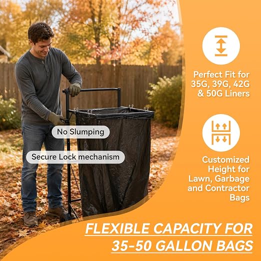 Trash Bag Holder and Metal Leaf Bag Holder for 35-50 Gallon Yard Waste, Adjustable Collapsible Heavy Duty Lawn Bag Stand for Gardening, Camping, Recycling and Outdoor Cleanup (Standard Model)