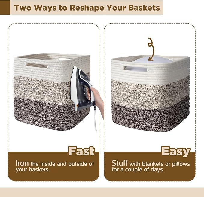 AELS Hand Woven Cotton Baskets for Storage, Cube Storage Bins with Handles, Foldable Collapsible Closet Organizers and Storage, Boho Farmhouse Storage Cubes for Shelves, Beige Mixed Khaki Coffee Brown