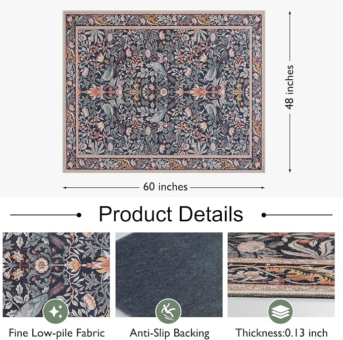 Anidaroel 48"x60" Office Chair Mat for Hardwood Floor/Tile, Vintage Desk Chair Mat for Hardwood, Anti-Slip Floral Bird Rug for Office, Low Plie Floor Protector for Rolling Chairs, Taupe