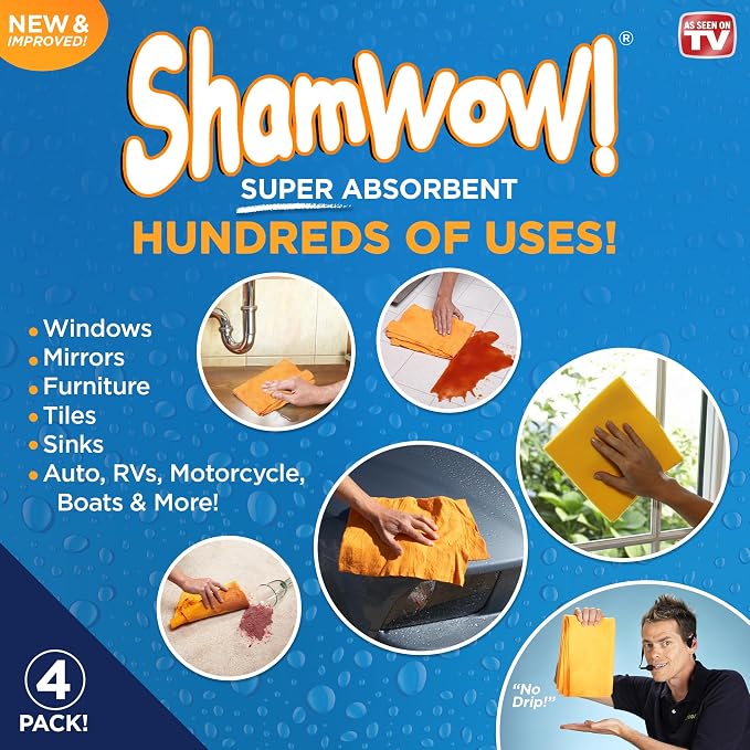 ShamWow Shammy Cloth 4-Pack, 20"x24", Super Absorbent Chamois Towel | Super Large, Lint-Free & Scratch-Free, Holds 10x Its Weight
