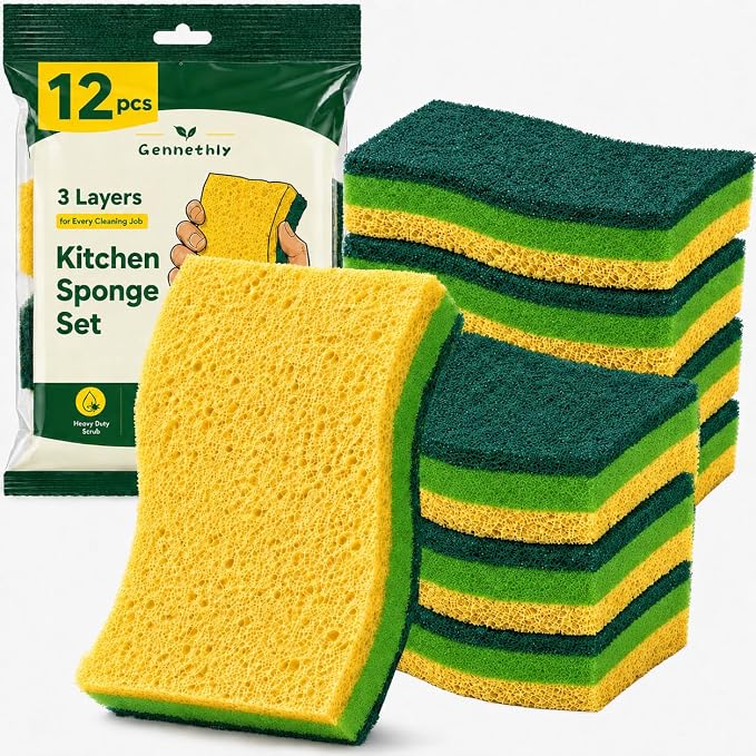 12 PCS Sponges Kitchen, Non Scratch Scrub Sponges for Washing Dishes, Green | 3-Layer Kitchen Sponge, Dual-Sided Cleaning, Rich Suds Fast, Easy-Grip Design, Easy Rinse & Quick Clean, 12 Pack Value
