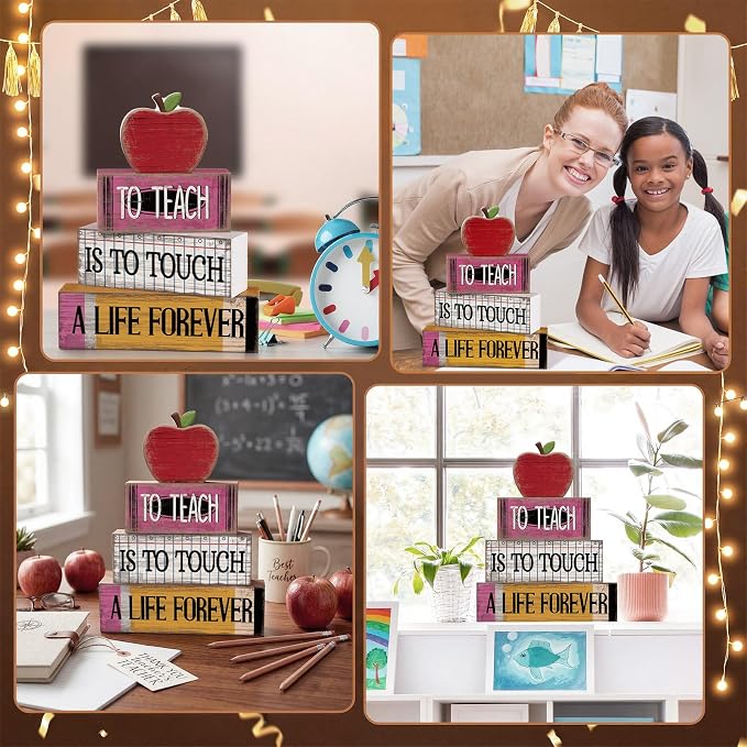 Moucuny 4 Pcs Back to School Table Decorations Retro Red Wooden Apple Decor | Back to School Centerpiece, Rustic Farmhouse Style, Teacher Appreciation Gift, Classroom Desk Display for Home Kitchen