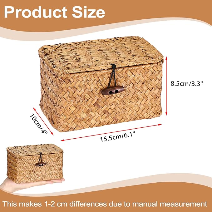 Hipiwe Seagrass Basket Key Holder Box for Entryway Tabletop Desk Organizer with Lid Handwoven Wicker Storage Bin for Hair Ties Candy, Whitewash 6.1" x 4" x 3.3"
